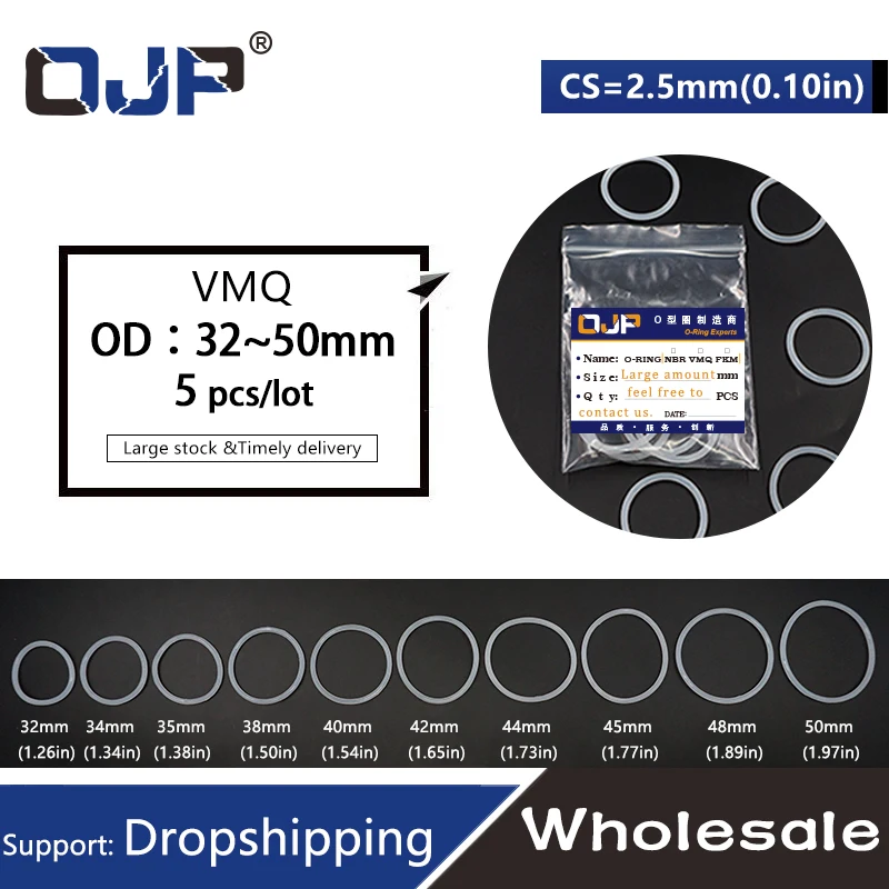 5 шт./лот силиконовым кольщом силикон/VMQ уплотнительное кольцо OD32/34/35/38/40/42/44/45/48/50*2,5 мм Толщина резиновое уплотнительное кольцо уплотнения прокладки, шайбы