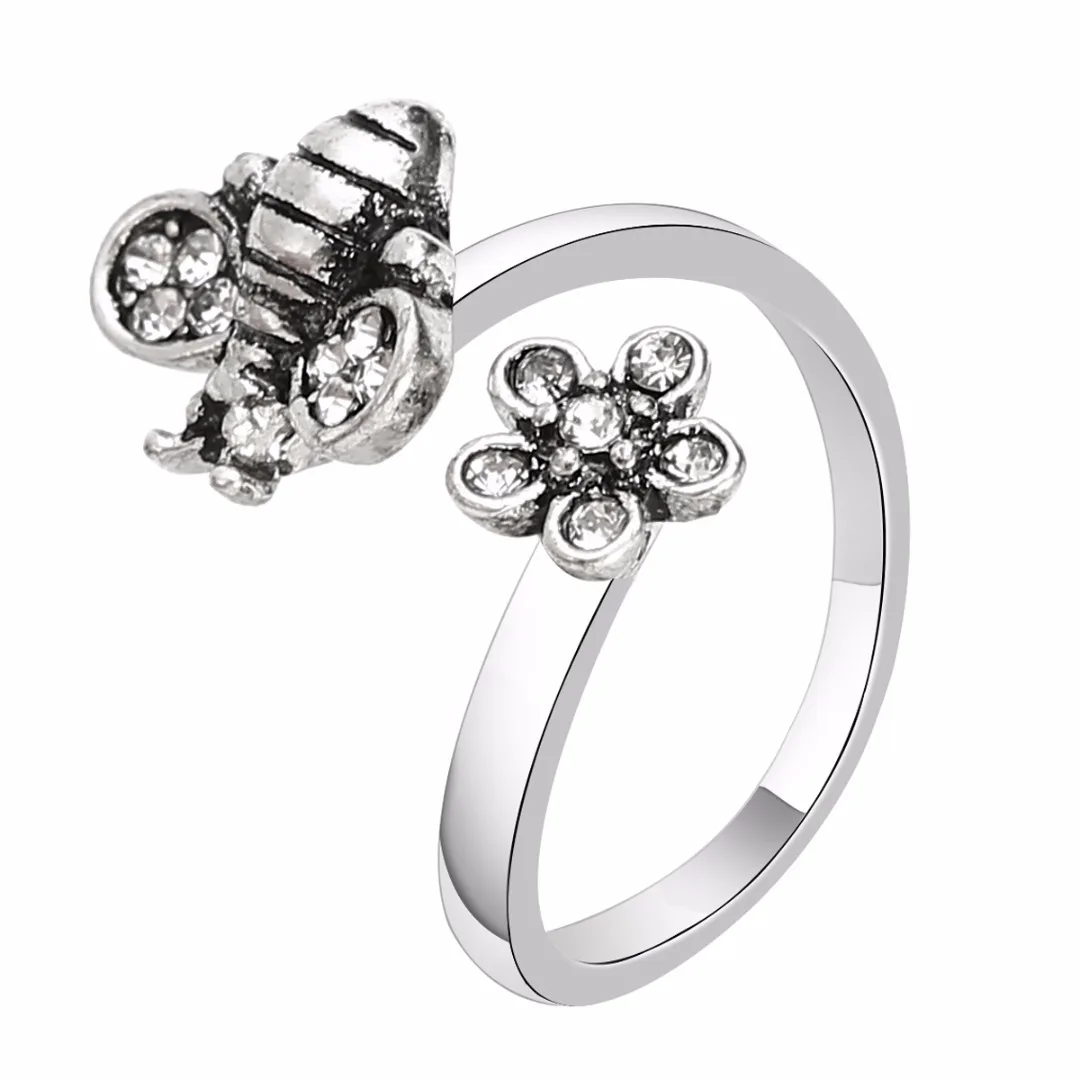 Chic Adjustable Open Ring Sexy Womens Cute Honey Bee And Flower Finger Ring Cool Elegant Jewelry For Women Shellhard