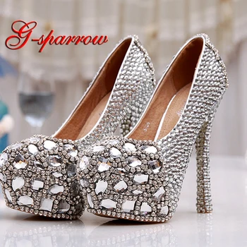 

Gorgeous Silver Rhinestone Cinderella Prom Shoes Matric Graduate Farewell Ceremony Shoes Wedding Party Pumps Bridesmaid Shoes