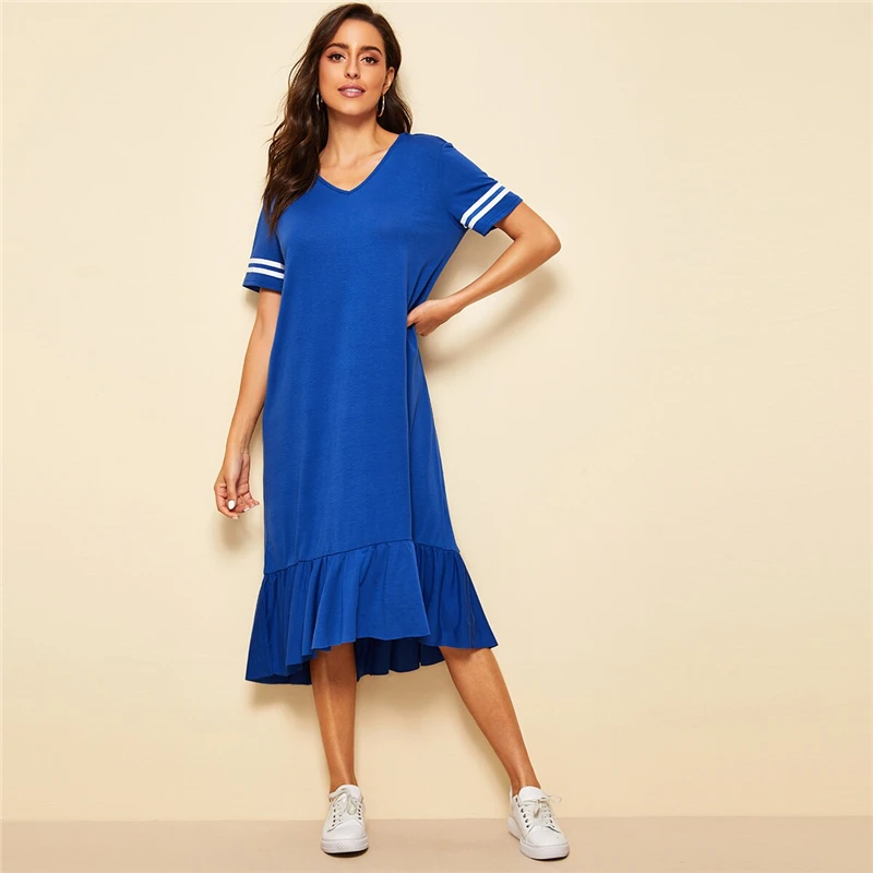 SweatyRocks, синее Полосатое платье с рукавами и рюшами на подоле для женщин, лето, для активного отдыха, v-образный вырез, миди платья, свободное Повседневное платье