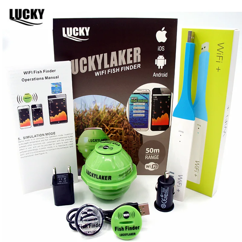 Lucky WI FI Беспроводной Рыболокаторы 50 м + CarCharger FreeGift Extender русский 12 языков Sonar эхолот