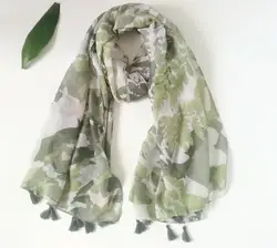 2018 Новая мода зеленый лист печати кисточкой шарфы и платки красивые листья кисточкой шарф глушитель обертывания хиджаб бесплатная