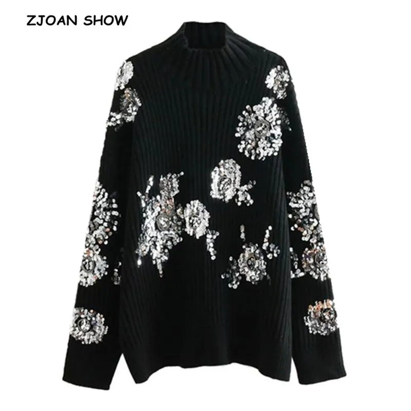 

2018 New Winter Women Beading Sequins Flower Turtleneck Pullover Sweater Black Long sleeve Loose Long Knitwear Jumper Tops
