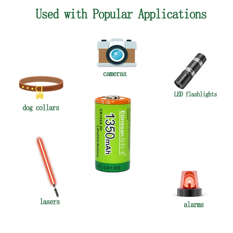 Etinesan 3V 1350mAh CR123A CR 123A LiFePo4 Li-ion Rechargeable Battery with 10A Discharge Current for Flashlight Toys Etinesan 3V 1350mAh CR123A CR 123A LiFePo4 Li-ion Rechargeable Battery with 10A Discharge Current for Flashlight Toys