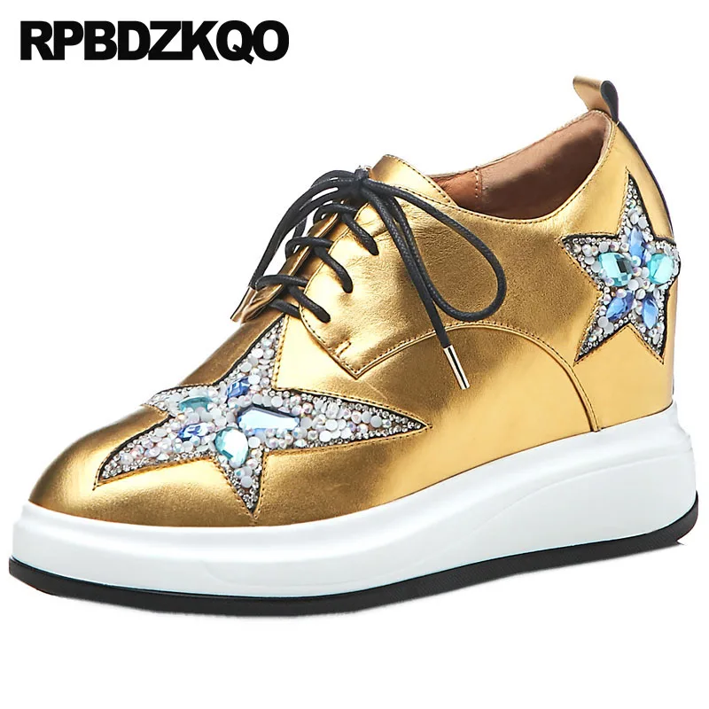 

Creepers Platform Shoes Star Muffin High Quality Wedge Hidden Elevator Diamond Women Gold Thick Sole Crystal Metallic Rhinestone