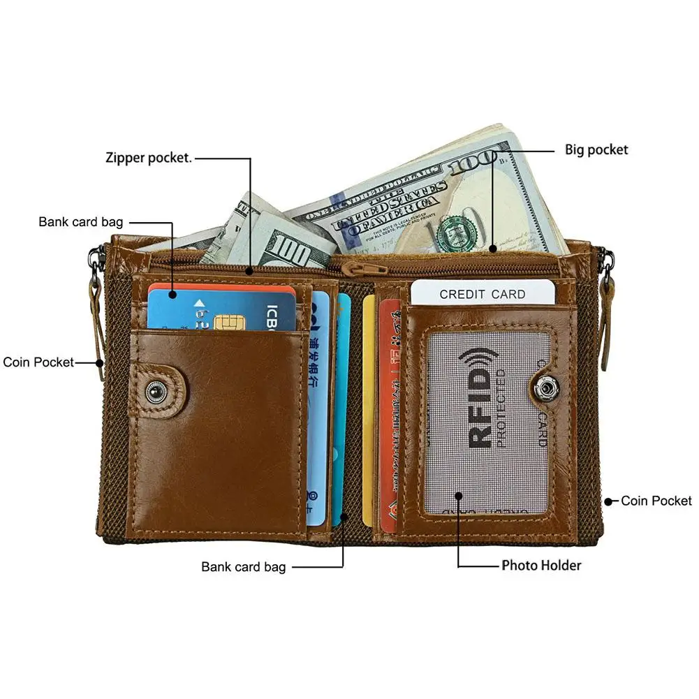 Banabanma Genuine Wallet Cowhide Leather Men Wallets Double Zipper Short Purse Coin Pockets Anti RFID Card Holders Wallet Men 40