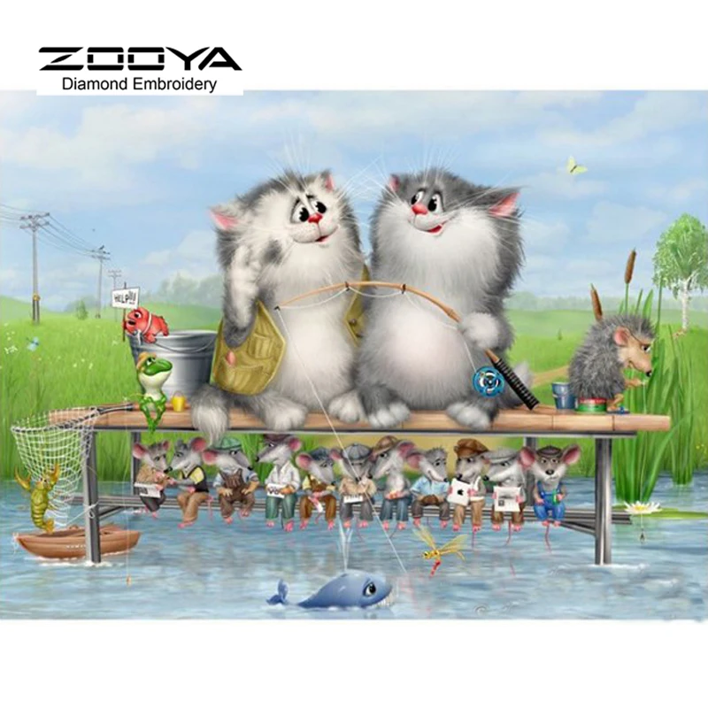 

Diamond Embroidery Cartoon Cat Fishing DIY Diamond Painting Cross Stitch Crystal Square Diamond Home Decorative Needlework BJ148