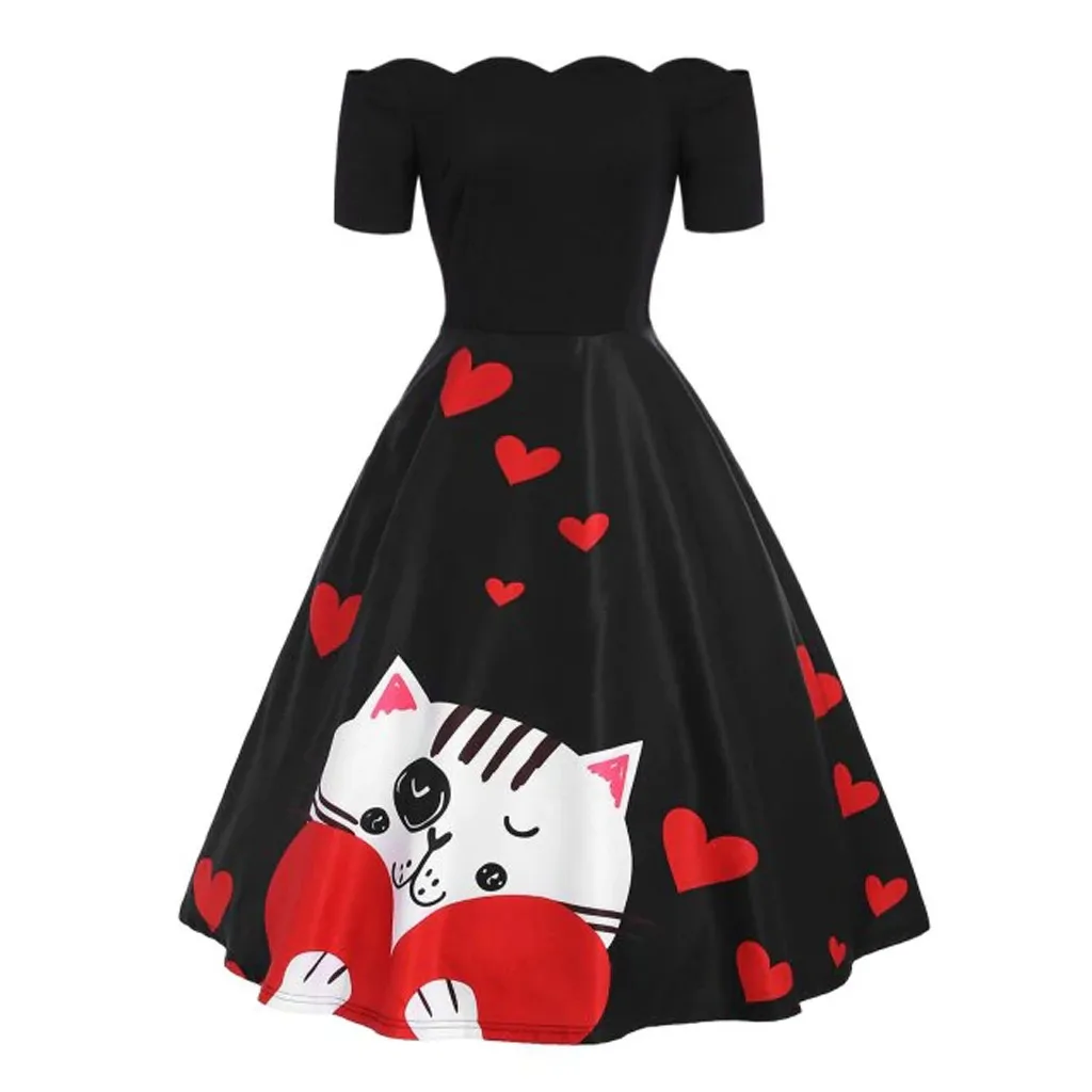 

2019 clothes women dresses casual Fashion Ladies Vintage Dress Cat And Love Print One Shoulder A Line Swing Dress robe longue