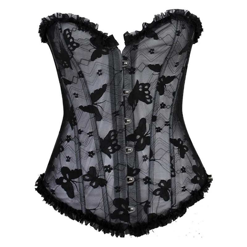 Women's Steampunk Steel Boned Corset Sexy Lace Up Sexy Transparent Butterfly Overbust Gotico Wedding Black Corset Underbust (1)