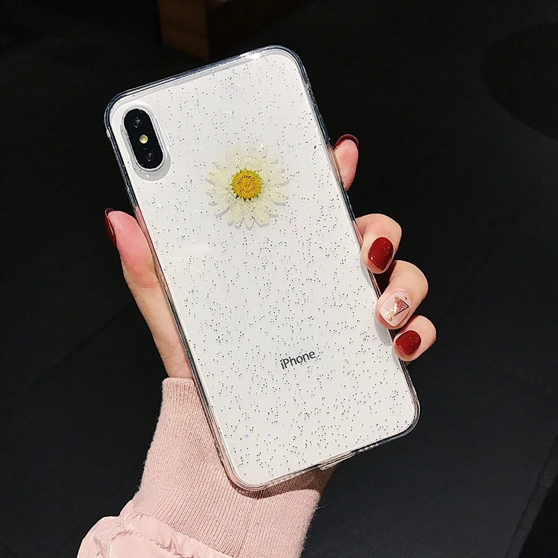 

Tfshining Real Dried Flower Phone Cases For On iPhone X XR XS Max 6 6S 7 8 Plus Handmade Pressed Daisy Floral Glitter Soft Cover