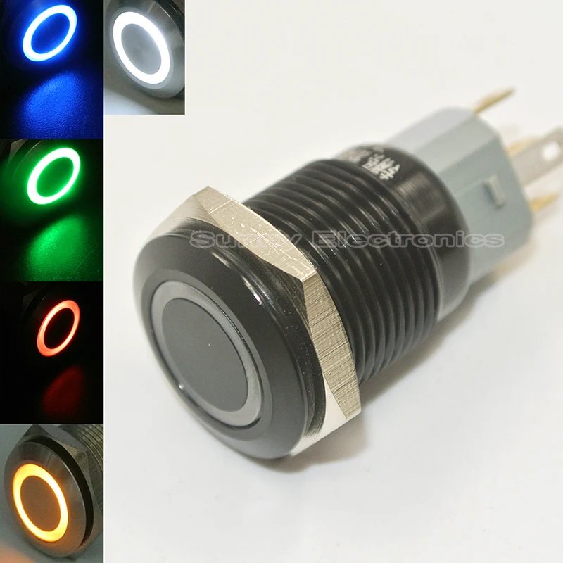 

12V Latching Push Button Switch 1NO1NC SPDT ON/OFF Black Metal Shell with LED Ring Suitable for 16mm 5/8" Mounting Hole