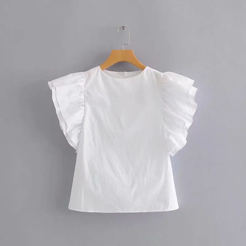 

Flabbit new korean women cascading ruffles casual short sleeve blouses black white color shirt loose tops chemise blusas LX0578
