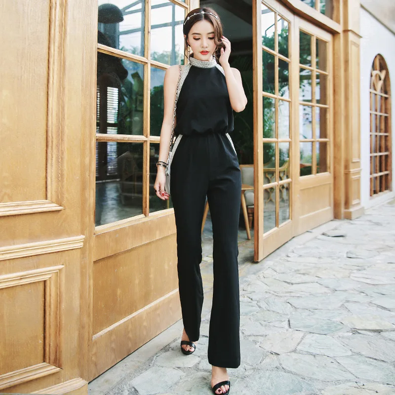 

Fashion black strapless temperament jumpsuit female summer new style trousers flare pants female temperament elegant pants