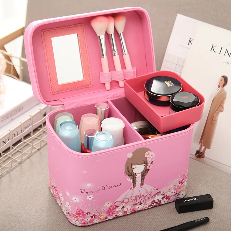 

Cute Fashion Portable Makeup Box For Women Lovely Cosmetic Bag Travel Organizer Inside Box Zipper Bags Casual PU Pouch