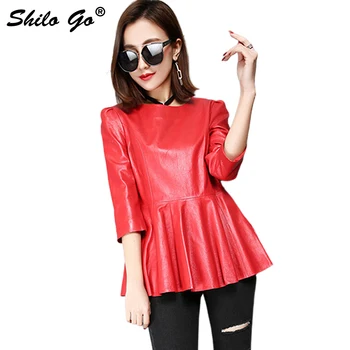 

Leather blouse Womens Spring Fashion sheepskin genuine Leather blouse O Neck half sleeve A Line pleated red blouse