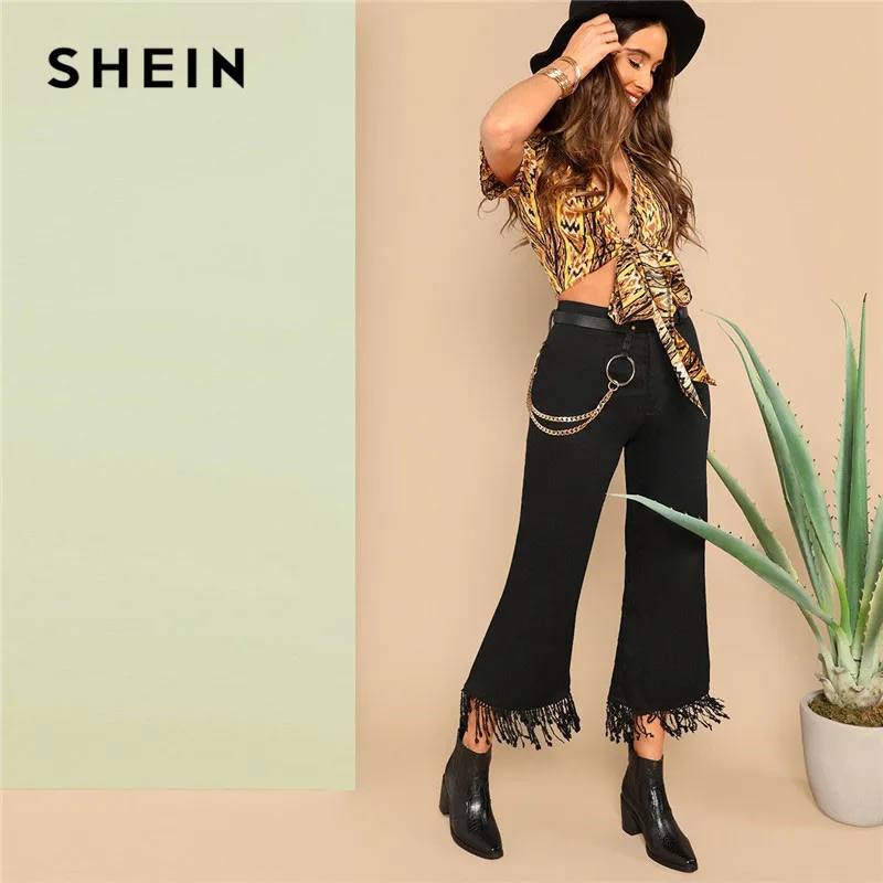 SHEIN SHEIN Однотонные Расклешенные Брюки С Бахромой Женские Повседневные Брюки, Винтажные Брюки С Поясом