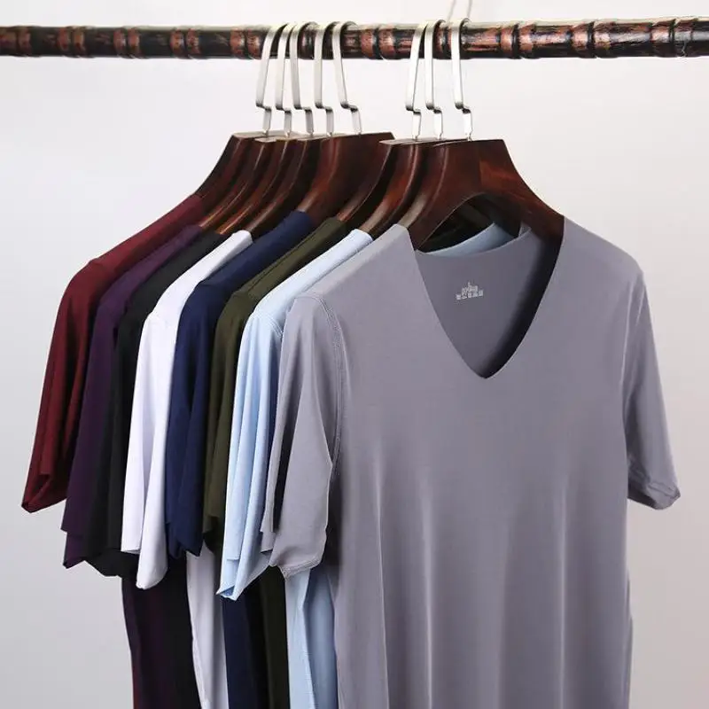 5XL Мужская Футболка тонкая секция с коротким рукавом лето лед шелк без следа тонкий стрейч v-образным вырезом сплошной цвет Джемпер