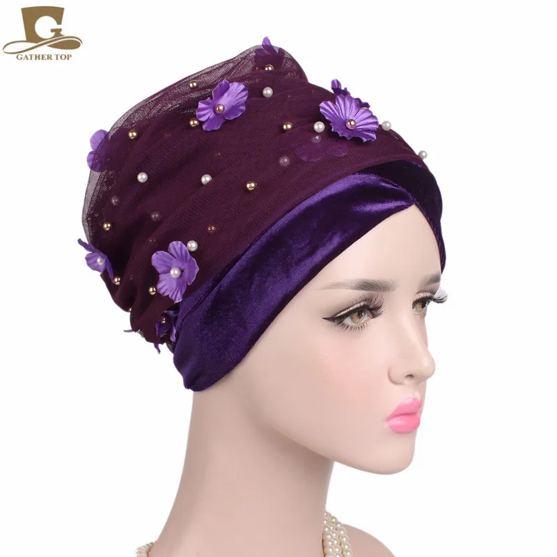 Women Velvet Turban Long Head Wraps Full Diamond Head Scarf Hair Accessories Purple Size fits All