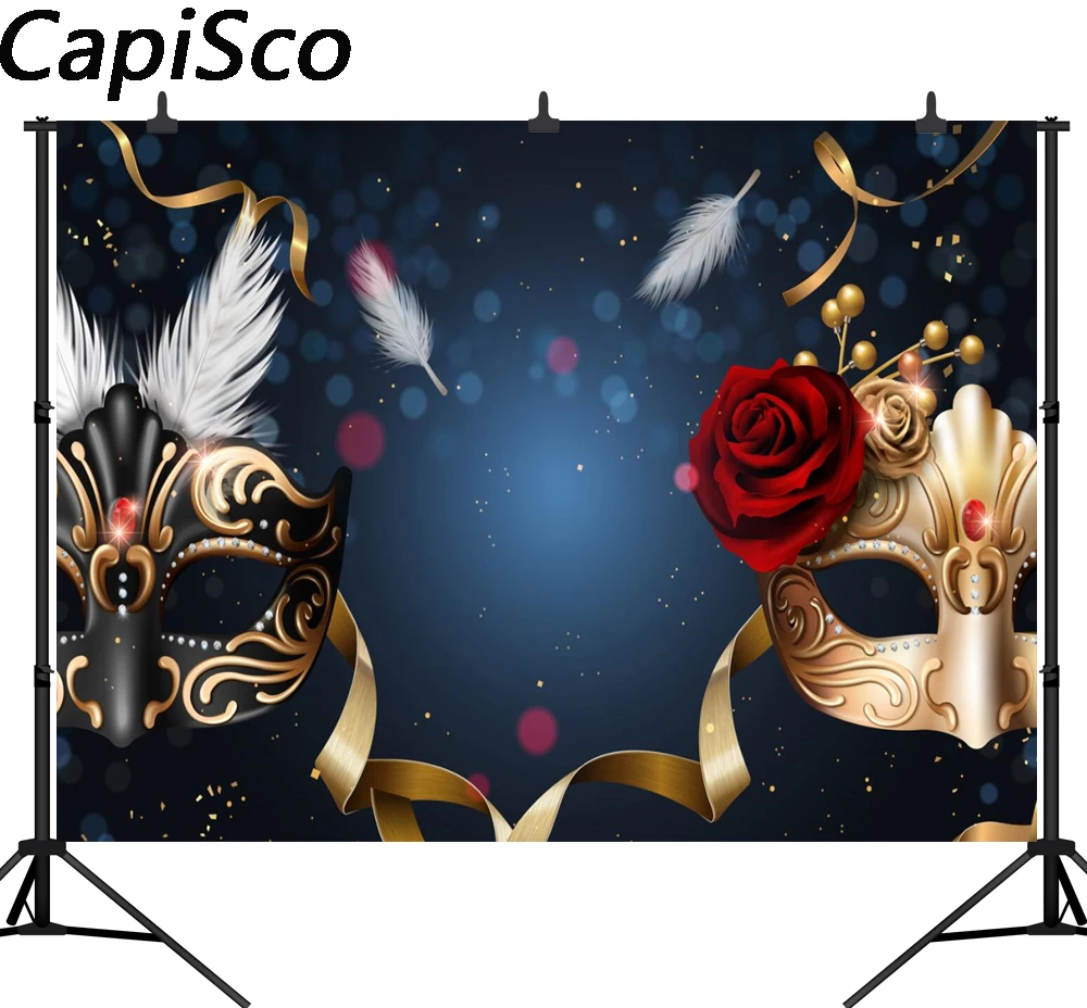

Capisco black and golden masks red rose dance party prom backdrop masquerade party golden ribbons background vinyl photography