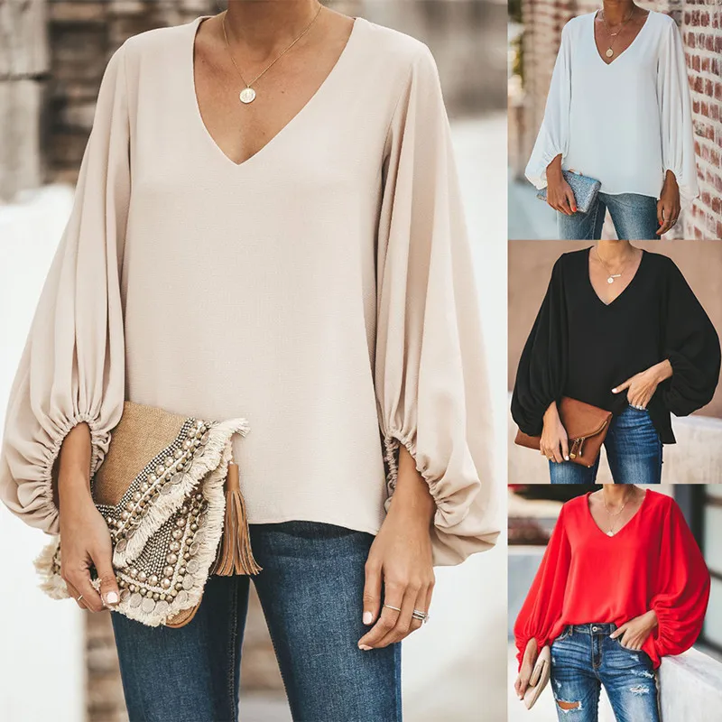 

Oufisun Spring Autumn Fashion Women's Blouse 2019 Casual Sexy V-neck Long Sleeve Chiffon Shirts Solid Lantern Sleeve Female Tops