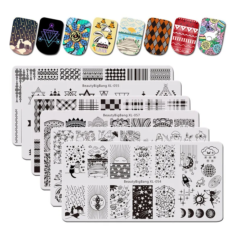 

BeautyBigBang 6PCS/set Starry Geometry Theme Nail Stamping Plates Rectangle Pattern Stamping For Nails Templates Nail Art Tools