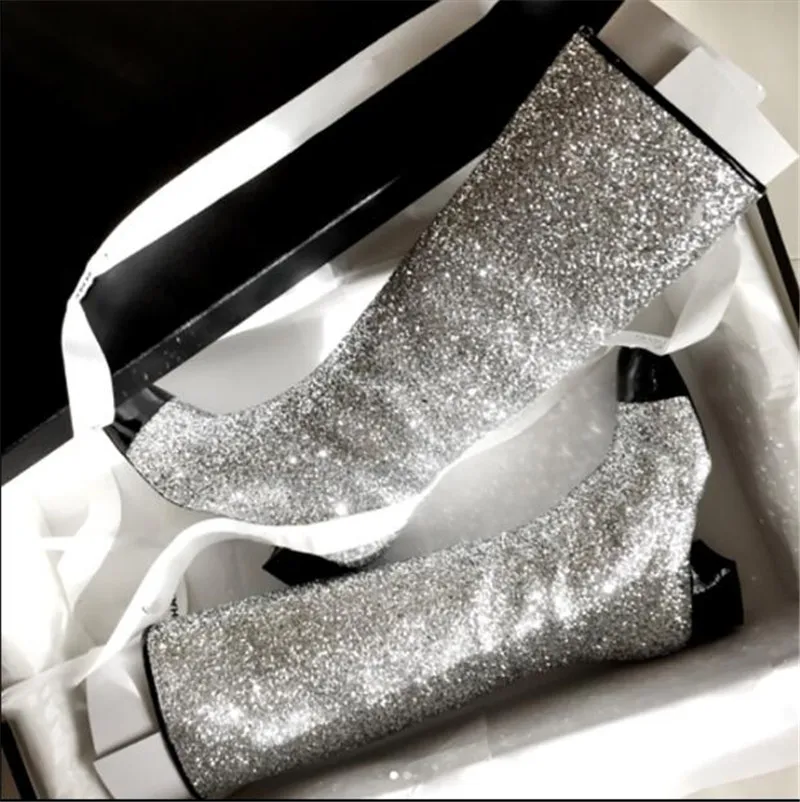 

2018 Winter Woman Knee High Boots Comfort Thick Heel Side Zipper Sequins Boots Fashion Black Silver Bling Dress Boots Woman