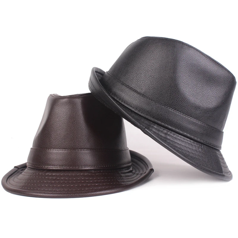 HT2205 Fedoras осенне зимние мужские шапки из искусственной кожи Jazz Hat одноцветные