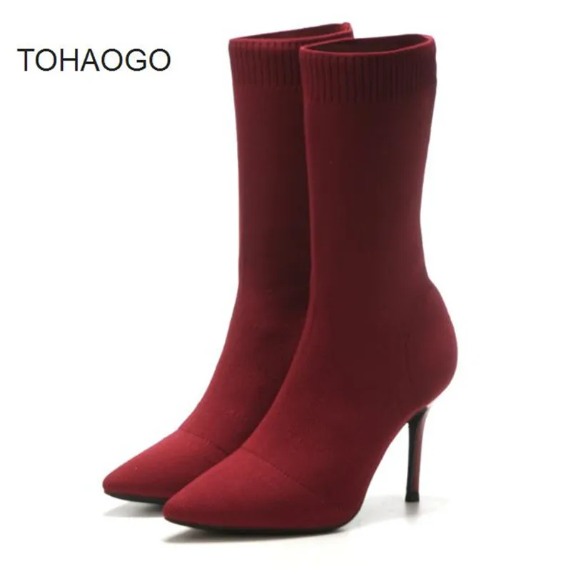 

Socks boots 2018 autumn winter new knit skinny legs stretch boots high heel boots Wine red, silver fashion women boots boty