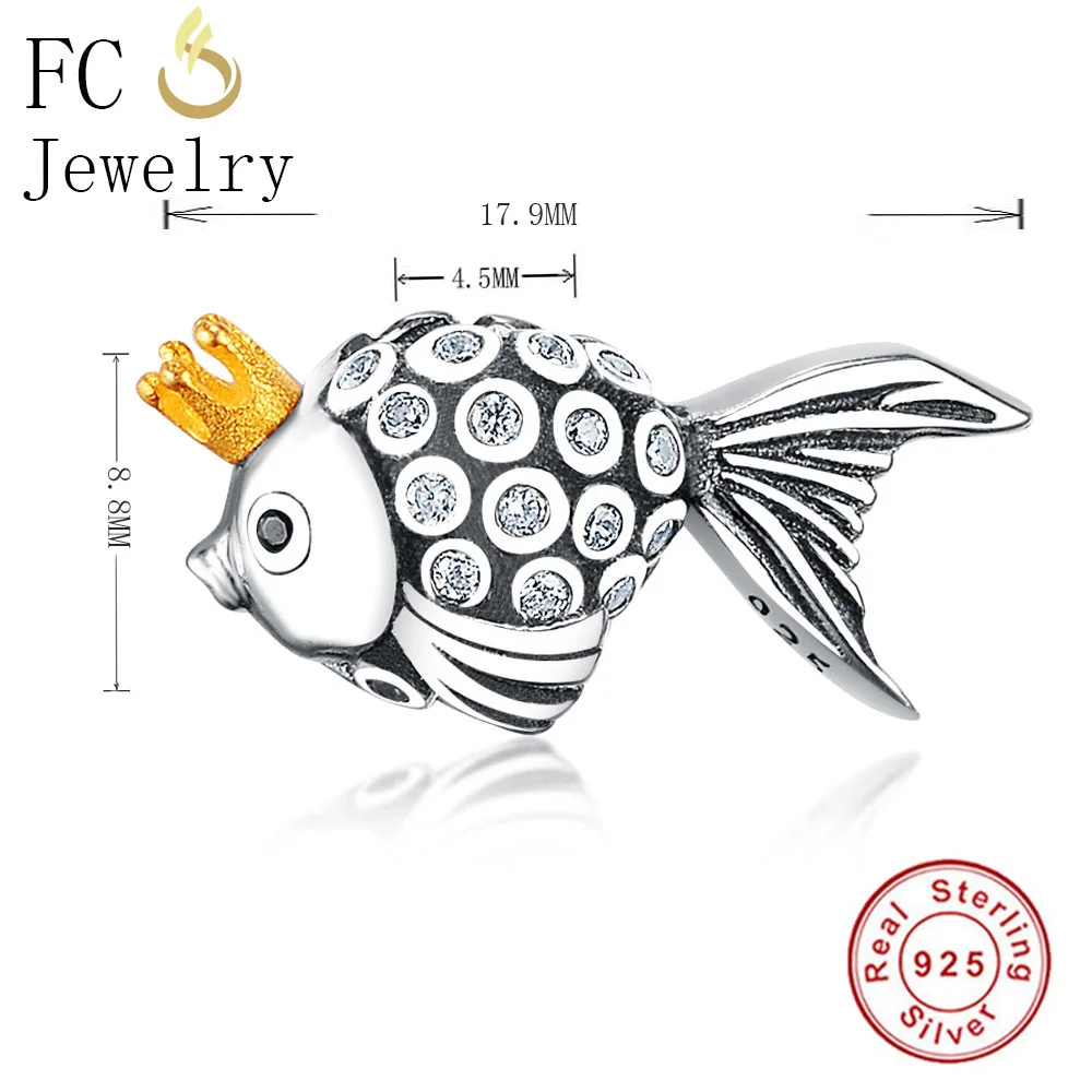 FC ювелирное изделие, браслет Pandora, 925 пробы, серебро, животное, рыба и принцесса, золотой цвет, корона, CZ бисер, Berloque