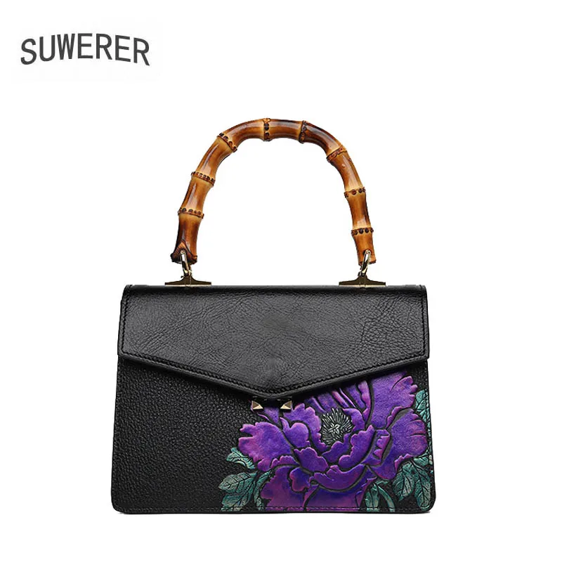 

SUWERER 2019 New women genuine leather bag Handmade Embossing flower fashion cowhide handbags tote women leather shoulder bags