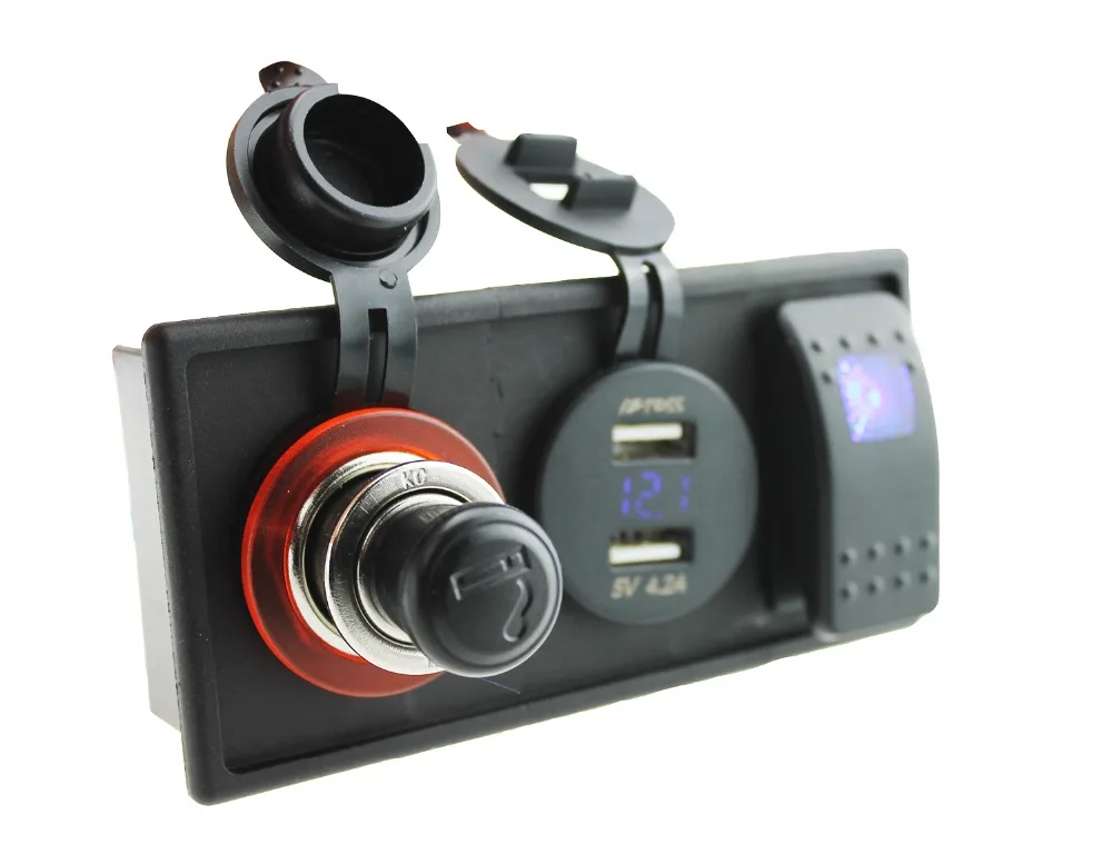 

DC12V-24V 4.2A double USB port voltmeter power cigarette socket with rocker switch holder housing kit for car boat RV motorcycle
