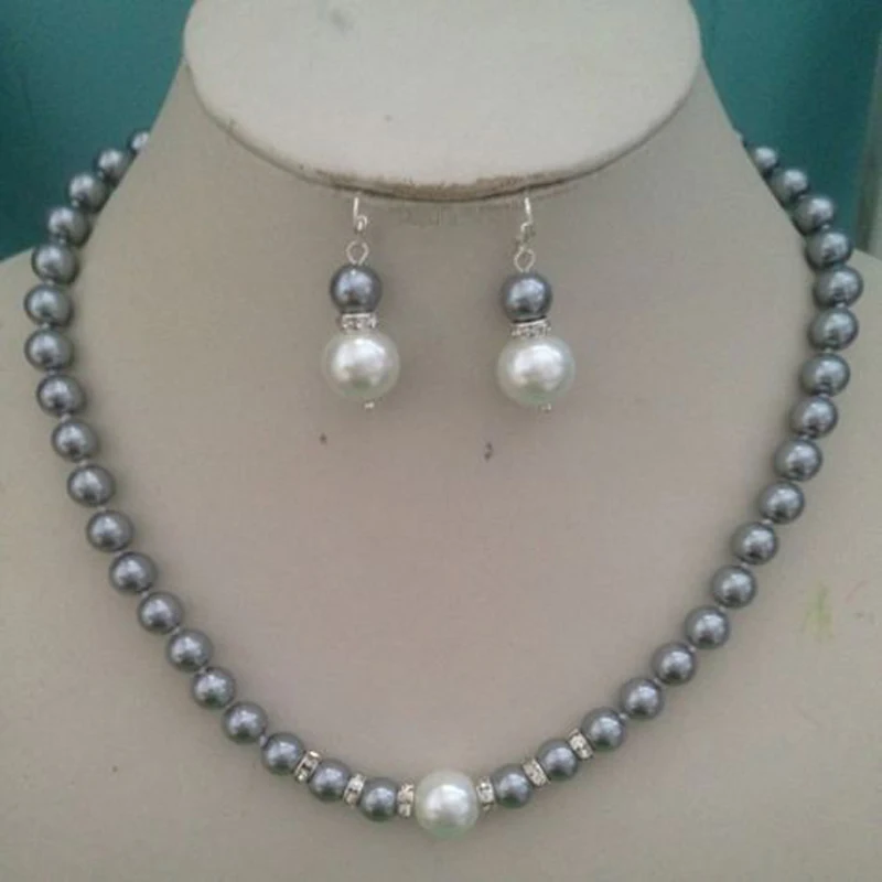 

Jxryxrth New 8MM Grey /White South Sea Shell Pearl necklace earrings set AAA Grade 6SD5E6