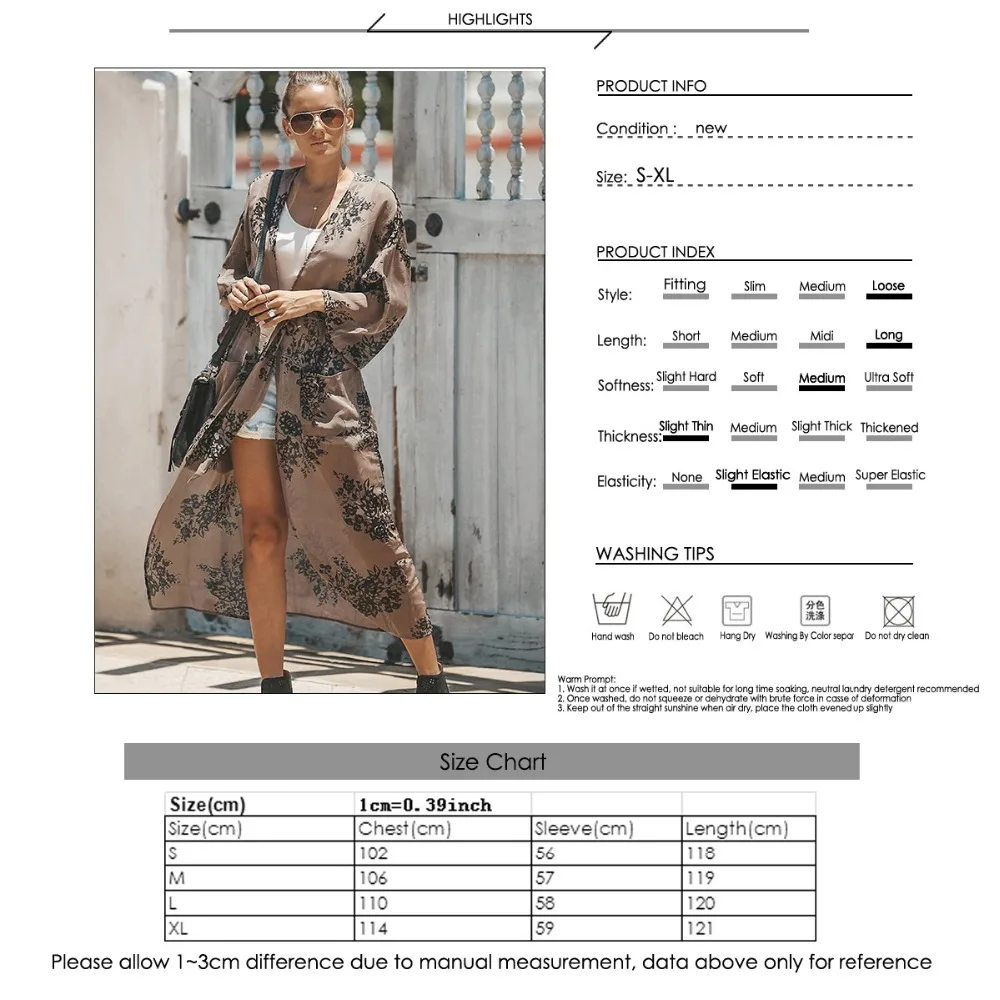 Kimono Cardigan Women Long Sleeve Floral Print Chiffon Loose Shawl Tops Cover up Blouse Long Beach Cover Up Tops Casual Outwear