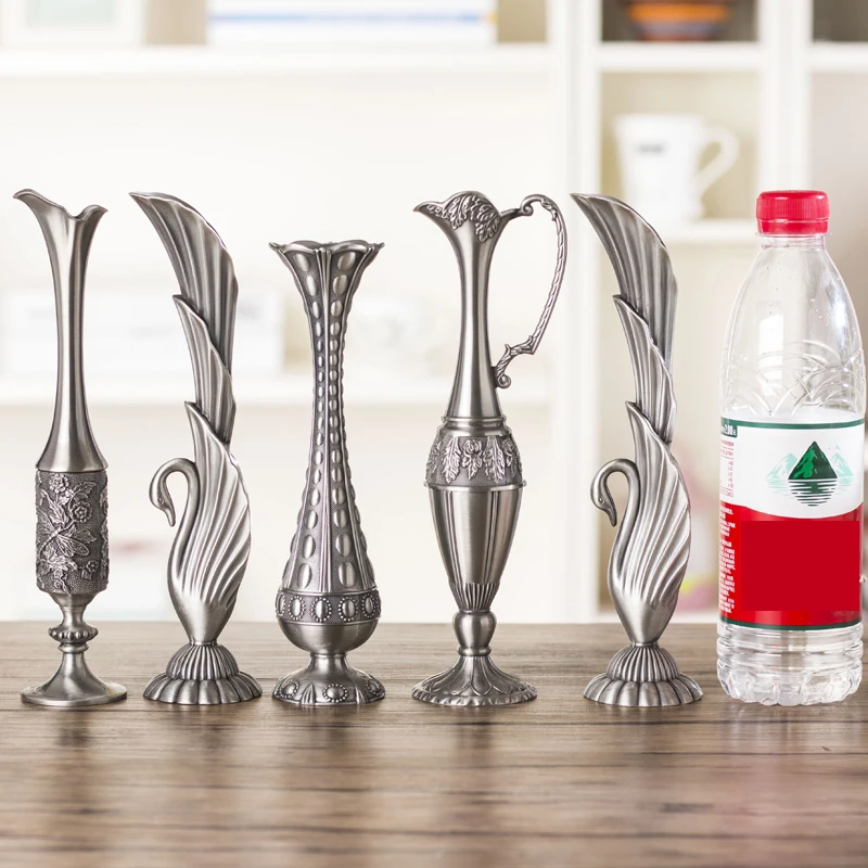 Ceny Europa retro paw wazon złoty brązowy srebrzysty stop metali małe kwiat wazony wystrój rzemiosło butelka akcesoria do dekoracji domu