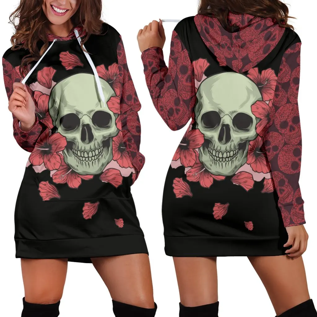 Women Long Sleeve Skull Hoodies Dress Flowers Bodycon Sweatshirts Pullover Streetwear Hoodie Autumn Casual Clothes Mini Dresses
