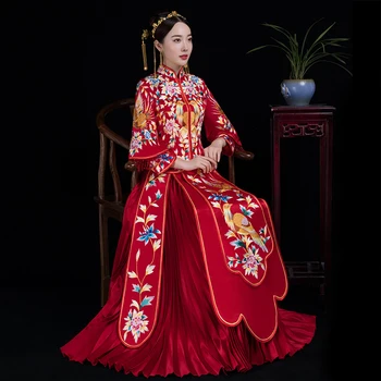 

Embroidery Flower Chinese Lady Cheongsam Suit Oriental Style Qipao Noble Elegant Bride Dress Stage Performance Clothes S-XL