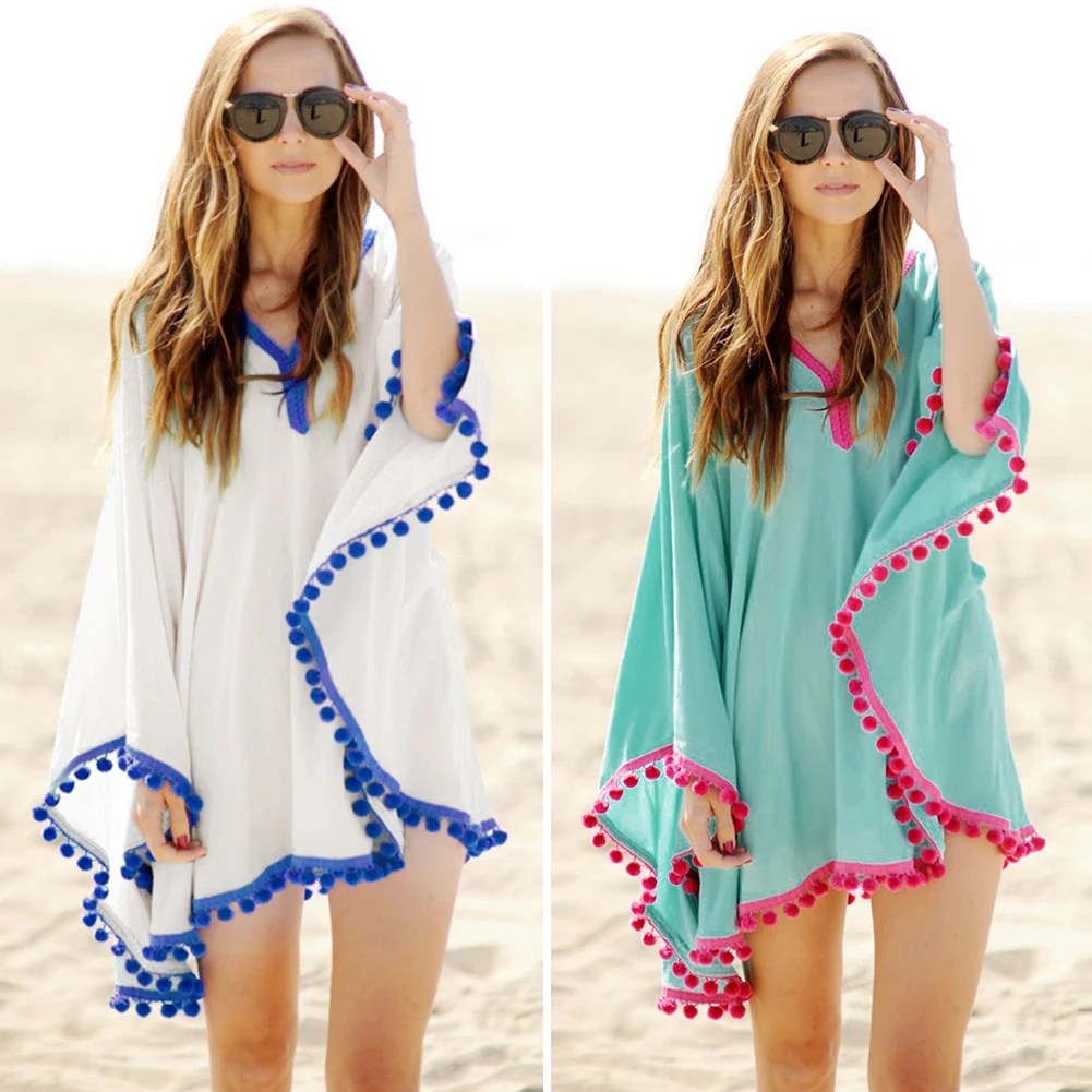 

Sexy Women sand balls lace blouse tassels Long Sleeve Bikini Cover- Up Swimwear Beach Dress(L,)