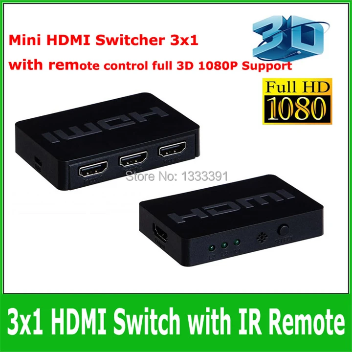 5pcs Wholesale 3 ports Mini HDMI Switch 3x1 Switcher with remote control full 3D 1080P Support Free shipping |