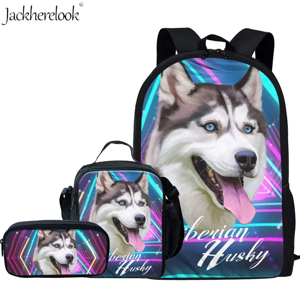 Jackherelook Siberian Husky School Bags Set For Boys Girks Kids 3D Dog Printing Backpack Children Animal Book Bag Satchel 3PCS