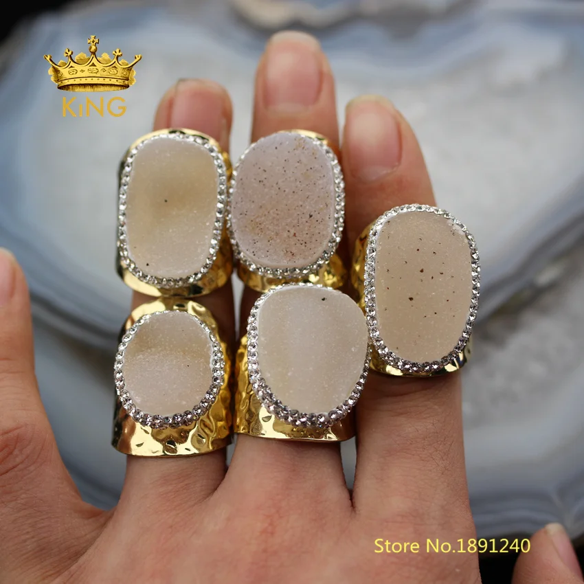 

5pcs Beige White Druzy Rings,Agates Rings Fine Jewelry,Natural Drusy Geode Paved Rhinestones Ring Gold Rings Charms YT78