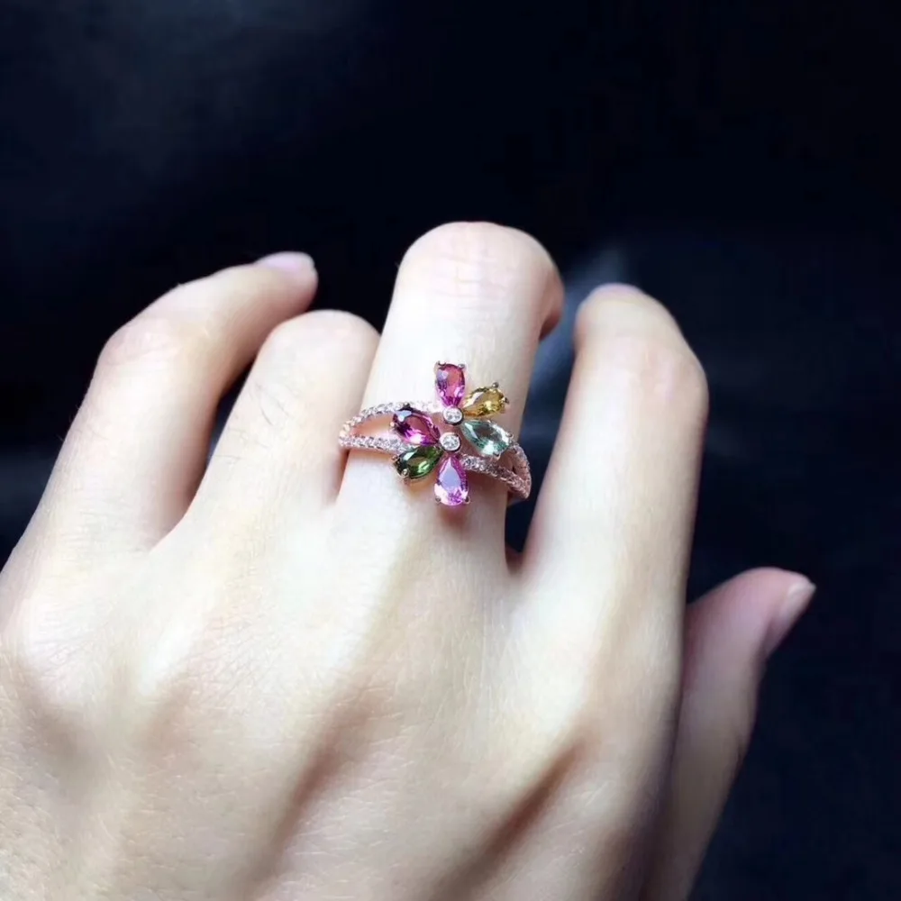 

Fashion grace Flower Natural Multicolor tourmaline Ring S925 Silver Natural Gemstone Ring Women's party fine gift Ring Jewelry