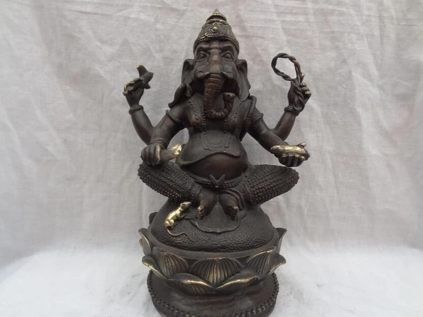 

S5101 10" Chinese Bronze 4 Arms Vajra Ganapati Ganesh Lord Ganesha Buddha Mouse Statue D0318