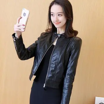 

European Style O Neck Collar Pu Leather Jacket New Fashion Motorcycle Leather Clothing Women Slim PU Locomotive Jackets