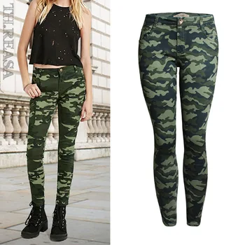 

Boyfriend Elastic Camo Pants Women Camouflage Jeans Women High Waist Cowboy Pants Slim Ankle Stretch Pencil Pants Military Jeans