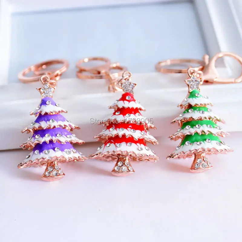 Trendy 3D Christmas Tree Keychain 3pcs 2015 Rhinestone Pendant Key