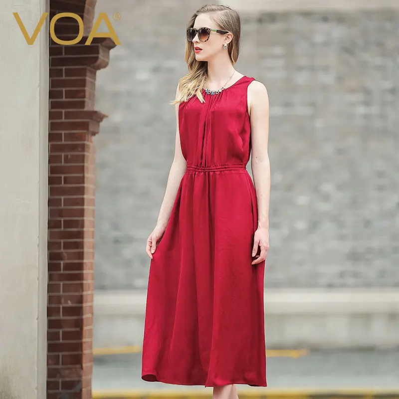 VOA летнее красное шелковое Повседневное платье женское пляжное простое без бретелек свободное шелковое платье без рукавов женское A5879