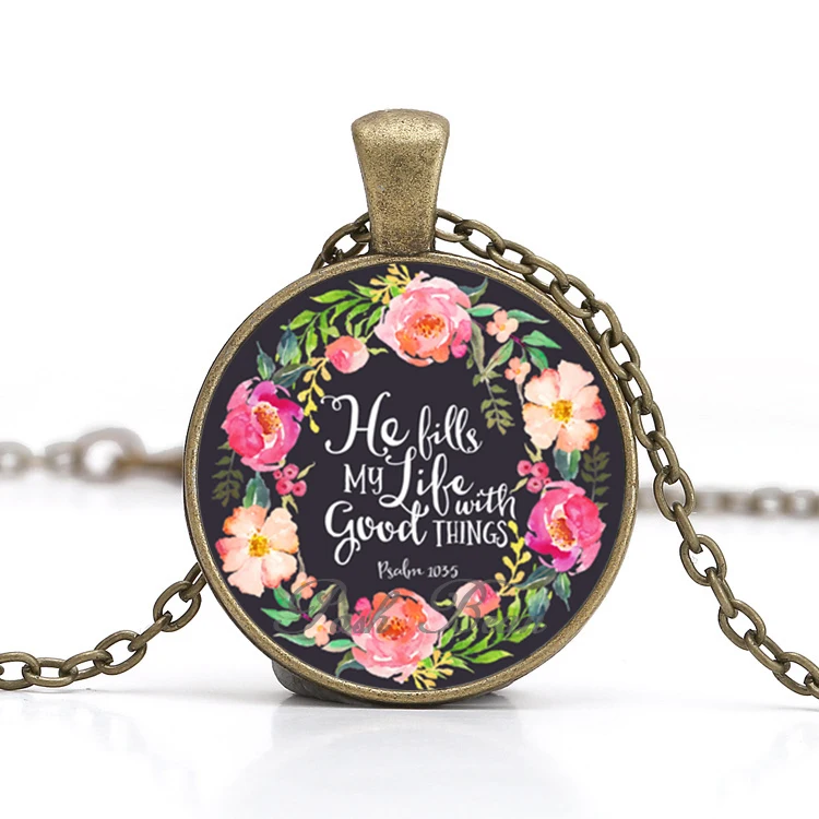 Bible Verses Necklace Vintage Bronze Chain Glass Cabochon Pendant for
