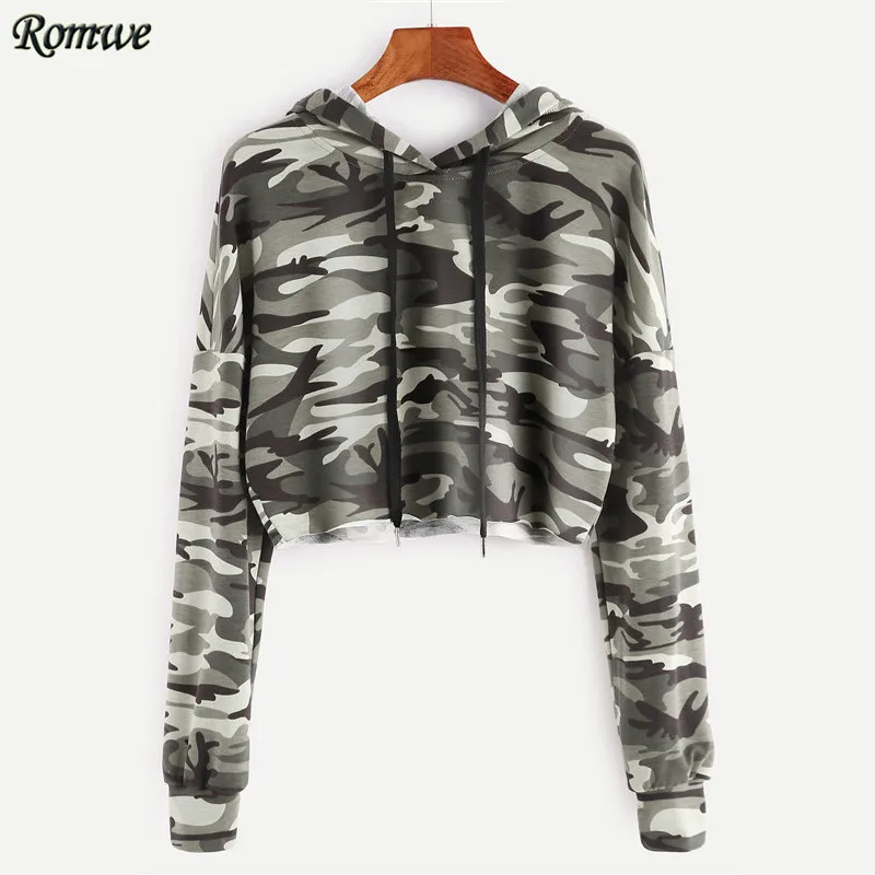 Camo Womens Hoodie Promotion-Shop For Promotional Camo Womens ROMWE Olive Green Camo Print Crop Hoodie Full Sleeve Sweatshirts Ladies Hoodies for Women Autumn Casual Pullovers - Camo Womens Hoodie Promotion-Shop For Promotional Camo Womens