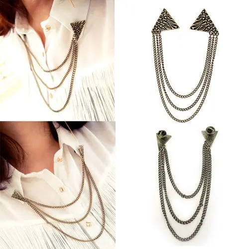 Triangle Chain Spike Stud Shirt Collar Neck Tip Gothic Pin Brooch Boho New|brooch wedding|pin ddr3brooch peacock |