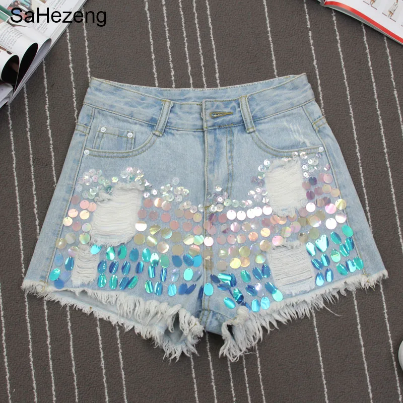 Plus Size XL Women Sequined Shorts Jeans Casual Ripped Hole Fringe